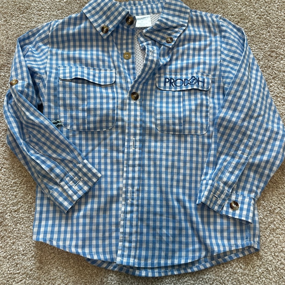 Prodoh Blue and White Checkered Boys Fishing Button Down Shirt